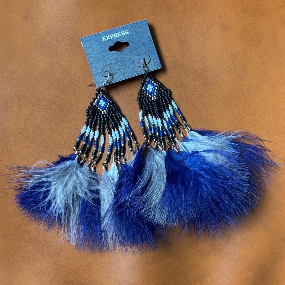 Express Blue Black Gray White Beaded Feather Earrings New with Tags Never Worn